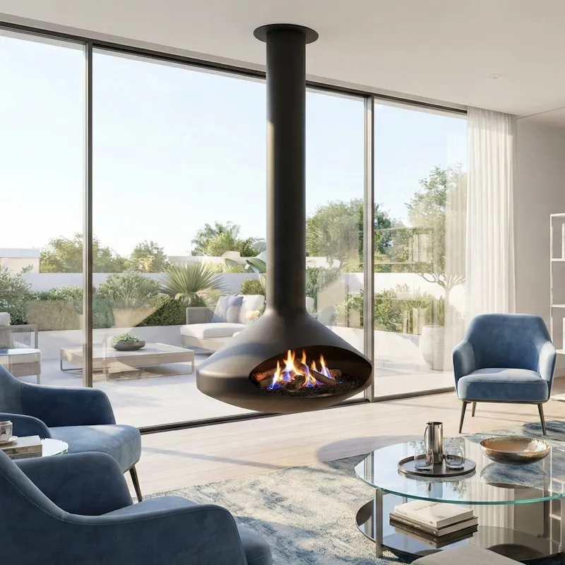 Chimenea colgante de leña suspendida en un salón con ventanales