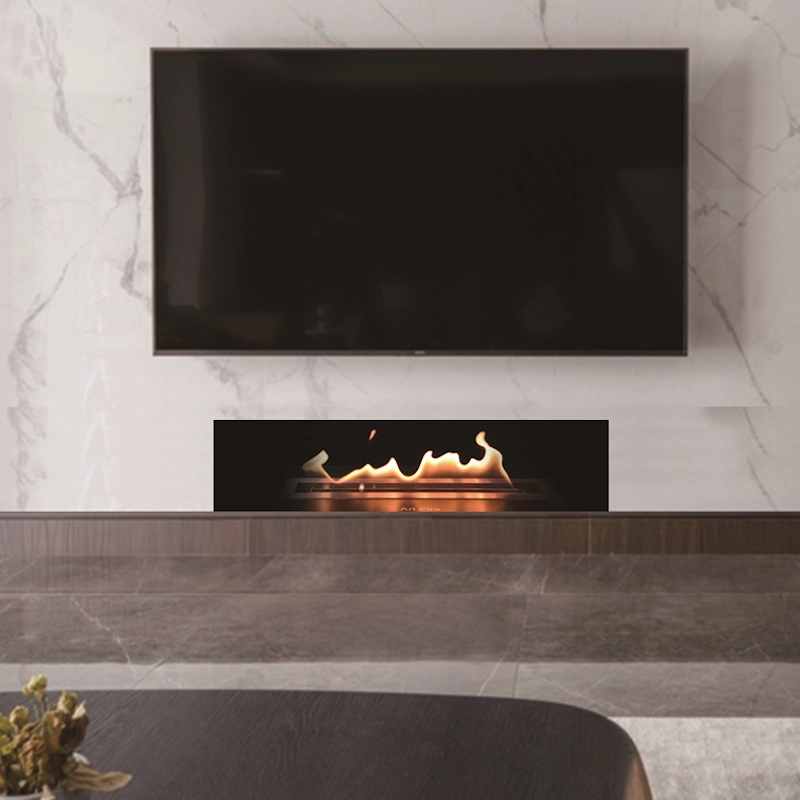 Chimenea de bioetanol empotrada con llama real en pared de diseño