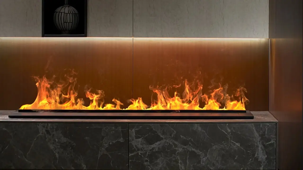 Chimenea de vapor de agua 3D sobre un mueble de mármol oscuro