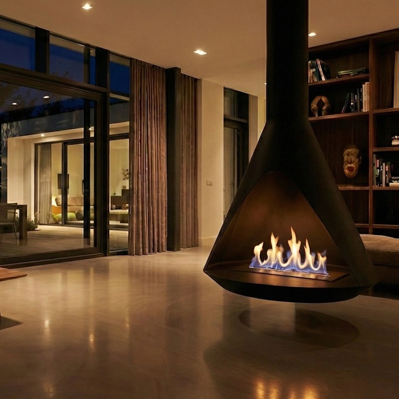 Chimenea colgante Zurich suspendida en salón de doble altura