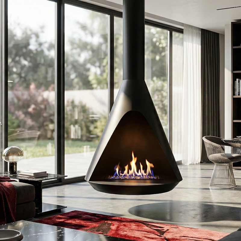 Chimenea colgante Zúrich de acero negro con forma cónica en un salón con ventanales